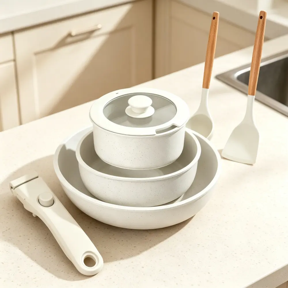 Cream Speckled 3-Piece Non-Stick Induction Safe Cookware Set - Round Pots, Cover, Frying Pan, Stackable, Oven Safe, Gas Electric Ceramic Compatible, Non-Toxic Coating, Silicone Spatula Spoon, Detachable Handle, Glass Lid for Home Kitchen