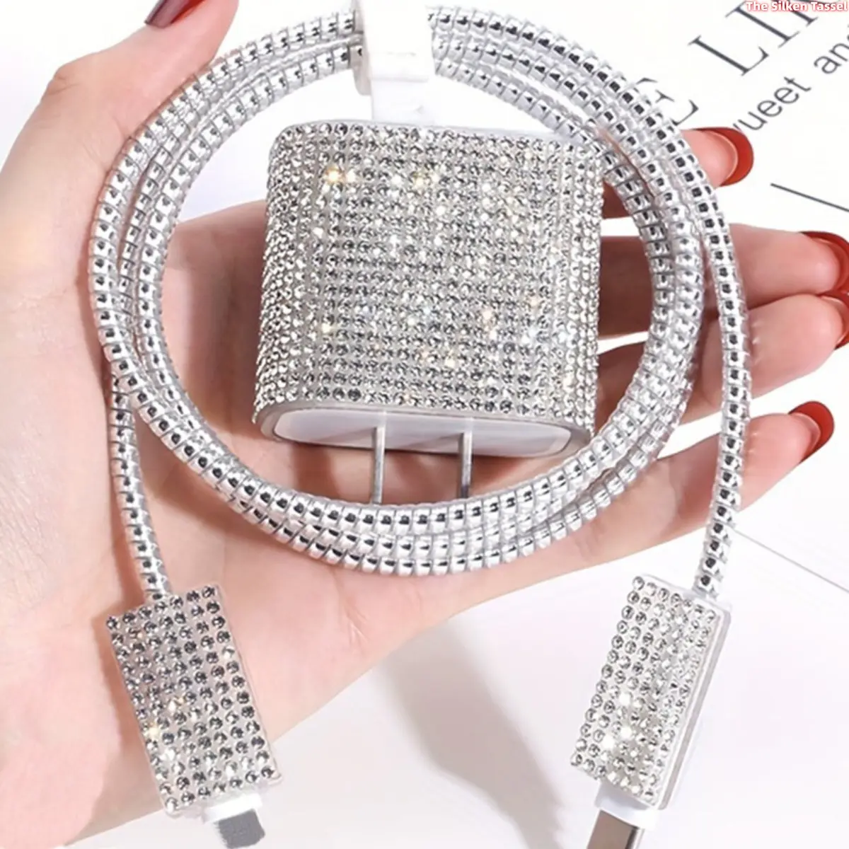 Full Bling Rhinestone Charger Cable Protector Set, Compatible with 18W 20W Apple Fast Charging Block, Glitter Diamond Anti Break Cord Saver Sleeve, Minimal Luxury Decor Charging Accessory for iPhone, Charger Not Included