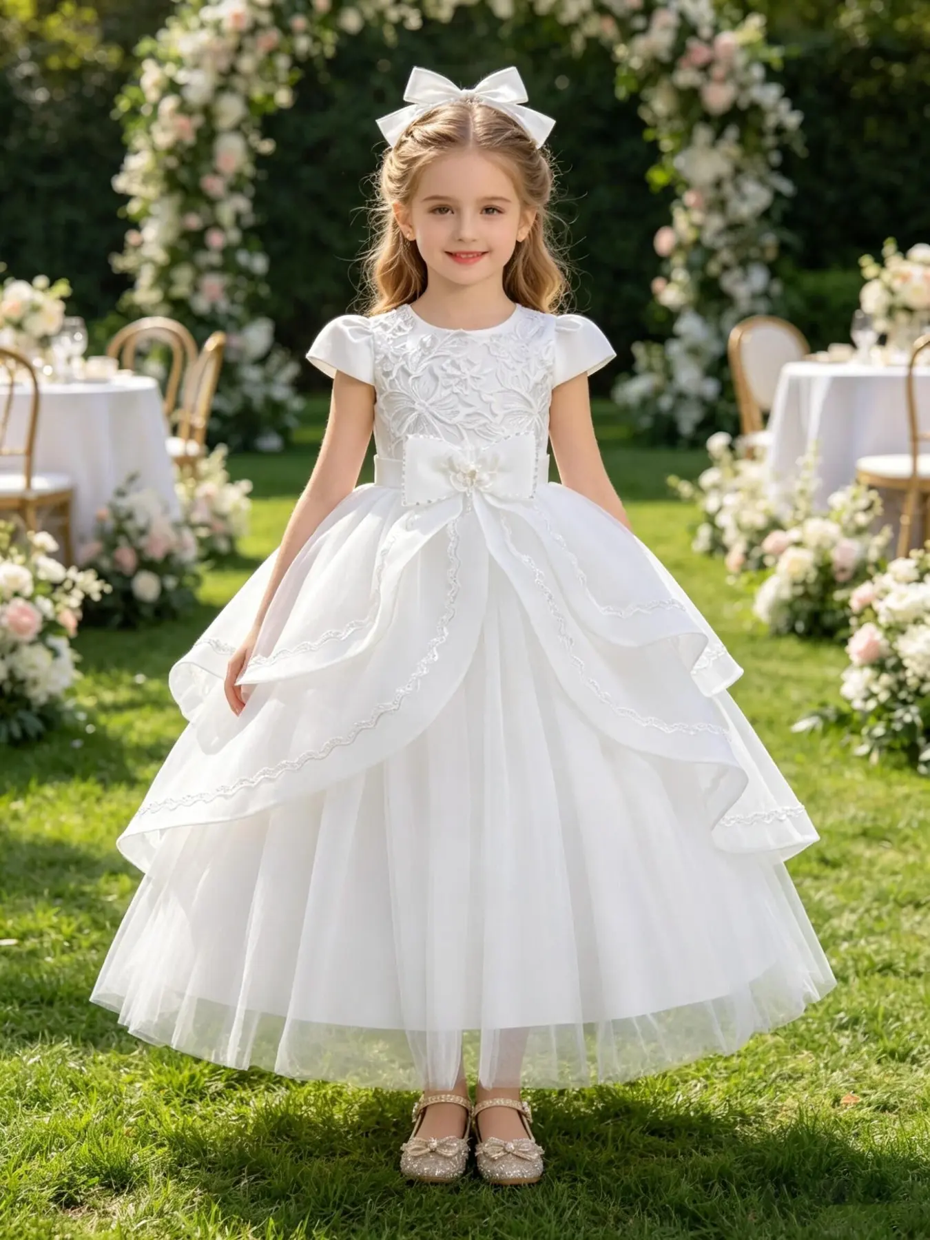 Princess Dress with Bow, Puff Sleeve High-End Piano Performance Gown, Evening Hostess Dress, Elegant Party