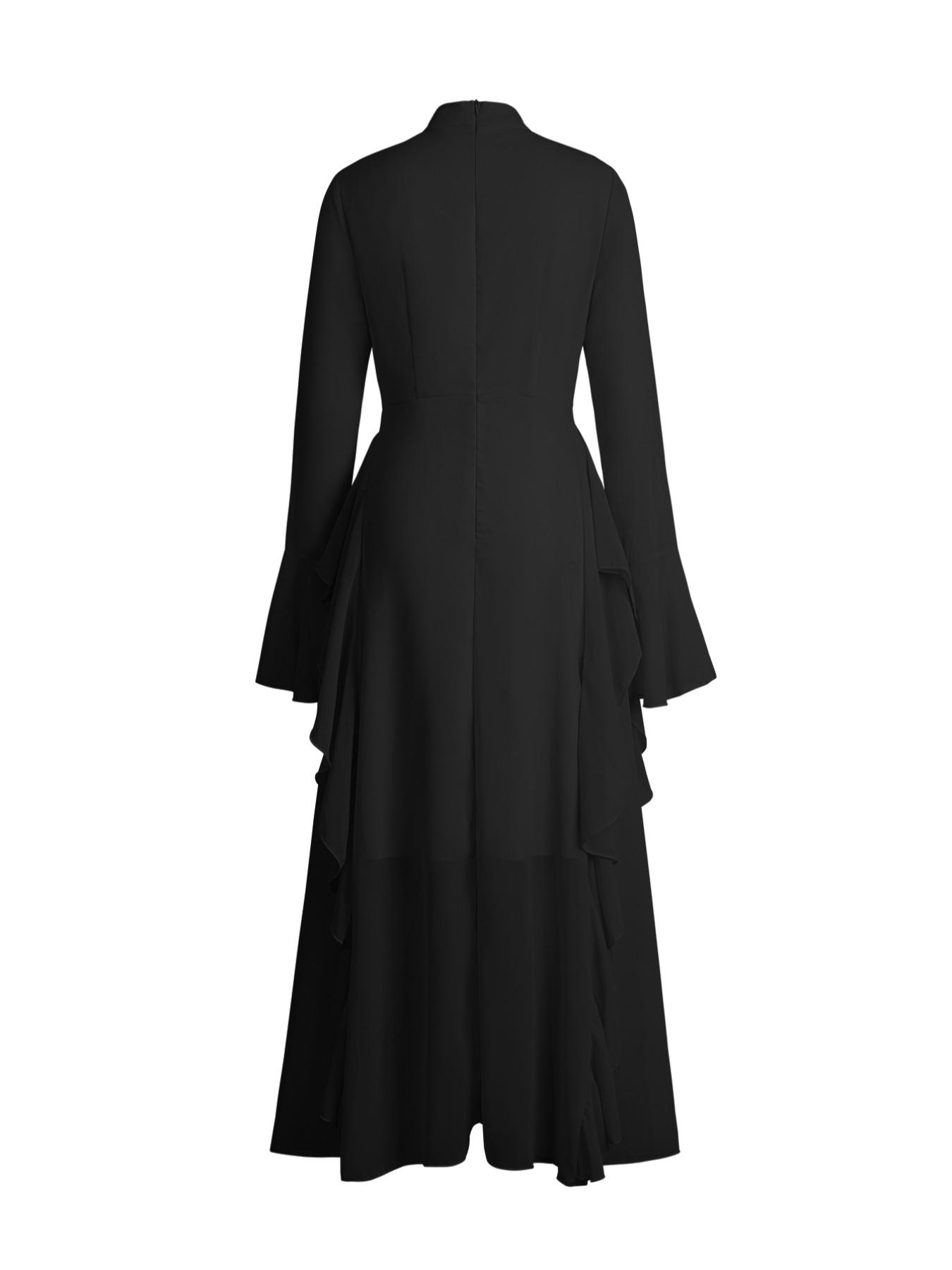 Solid-Color Flare-Sleeve Long Dress with Waist-Cinching Effect, Plain Pattern Slim-Fitting Holiday Evening Dress for Women, Perfect for Spring and Fall