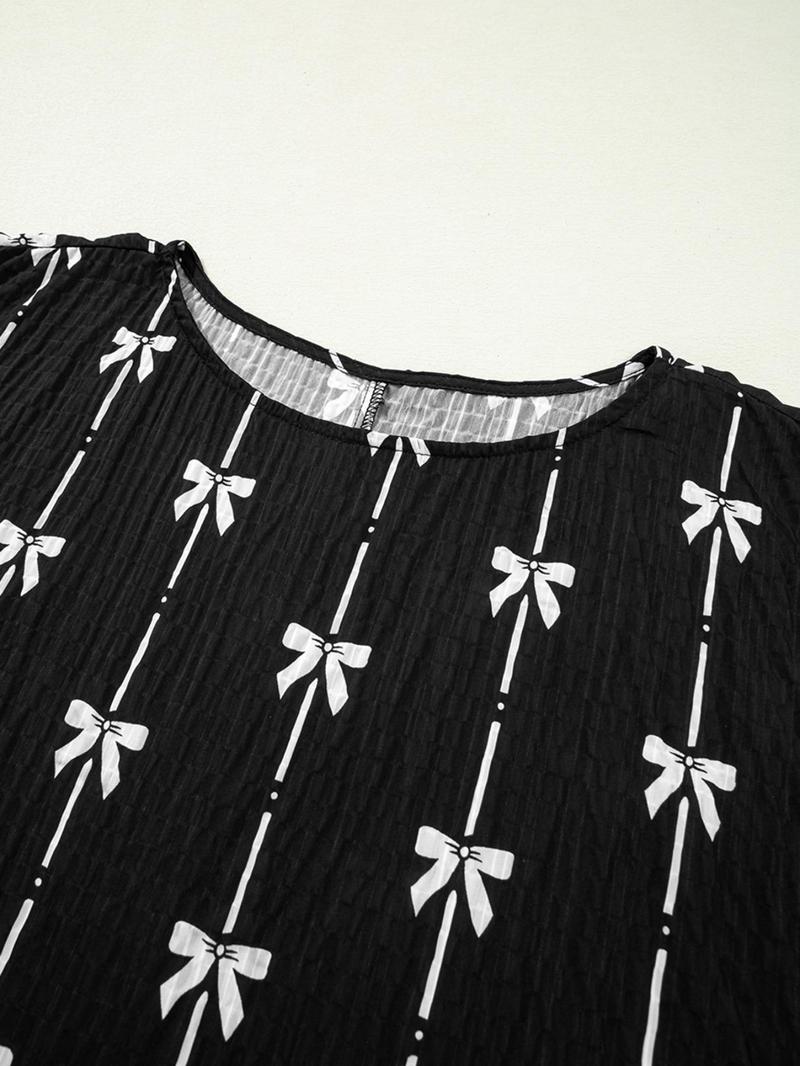 Women's Bow Print Tee, Casual Short Sleeve T-shirt for Daily Wear, Ladies Clothes for All Seasons