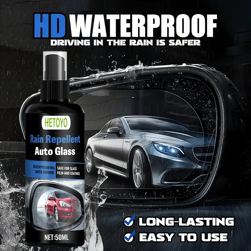 Windshield and Rearview Mirror Water Repellent – ​​Rain and fog-resistant coating for clearer vision; suitable for various types of glass; enhances visibility in rainy and foggy conditions; easy to apply; improves vehicle visibility.