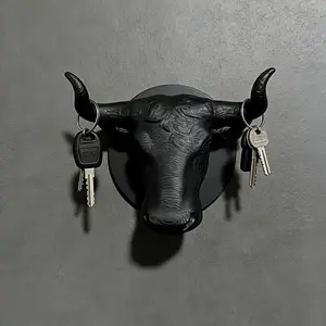 Bull Head Shaped Seamless Hook | Niche Premium Bull Head Key Hook ~ 3D Texture Super Sculptural, Horn Hook Securely Holds Keys And Small Items, Black/White/Gray/Brown Multi-Color Adapts to Various Home Decors, Entryway Decor And Key Organization