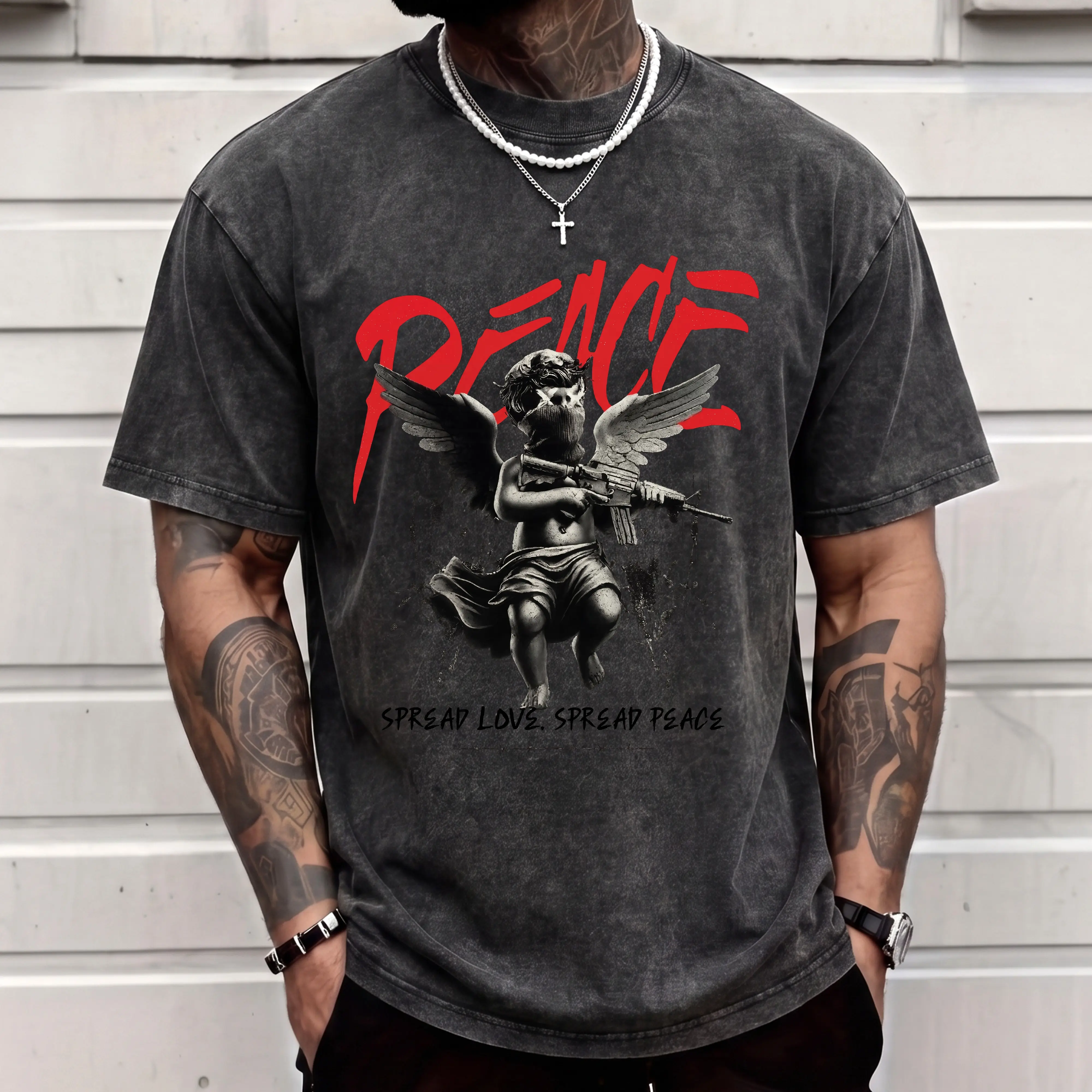 Oversized Cherub Graphic T-Shirt in Vintage Washed Cotton | Men's Casual Streetwear Top with Peace Slogan, Breathable Short Sleeve, Shortsleeve, Classic, Tops, Menswear