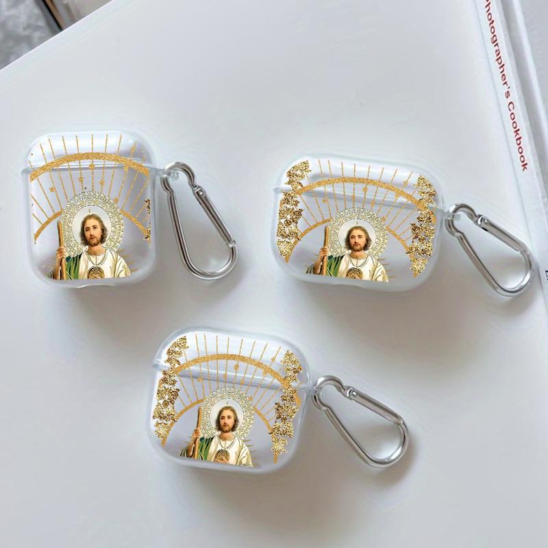 Divine Saintly Radiance Pattern Protective Case for AirPods 4/3/2/1/Pro/Pro2 Soft TPU Earphone Cover, Transparent with Keychain