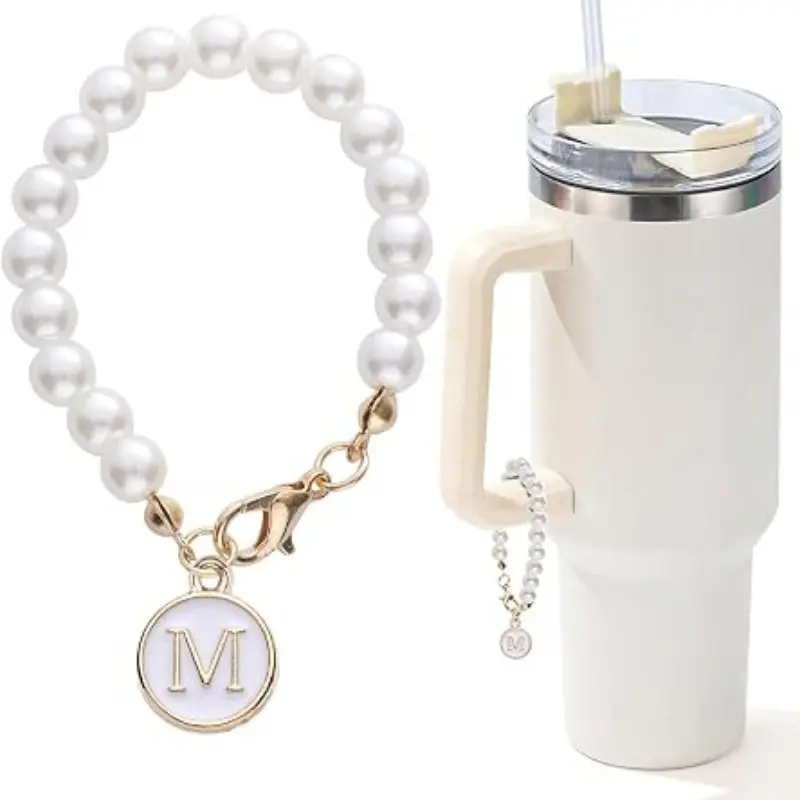 Stanley Cup Letter Charm, Pearl Chain Accessory, French Bow Ice Bucket Strap, Water Bottle Decor, Modern Cute Personalized Name Tag