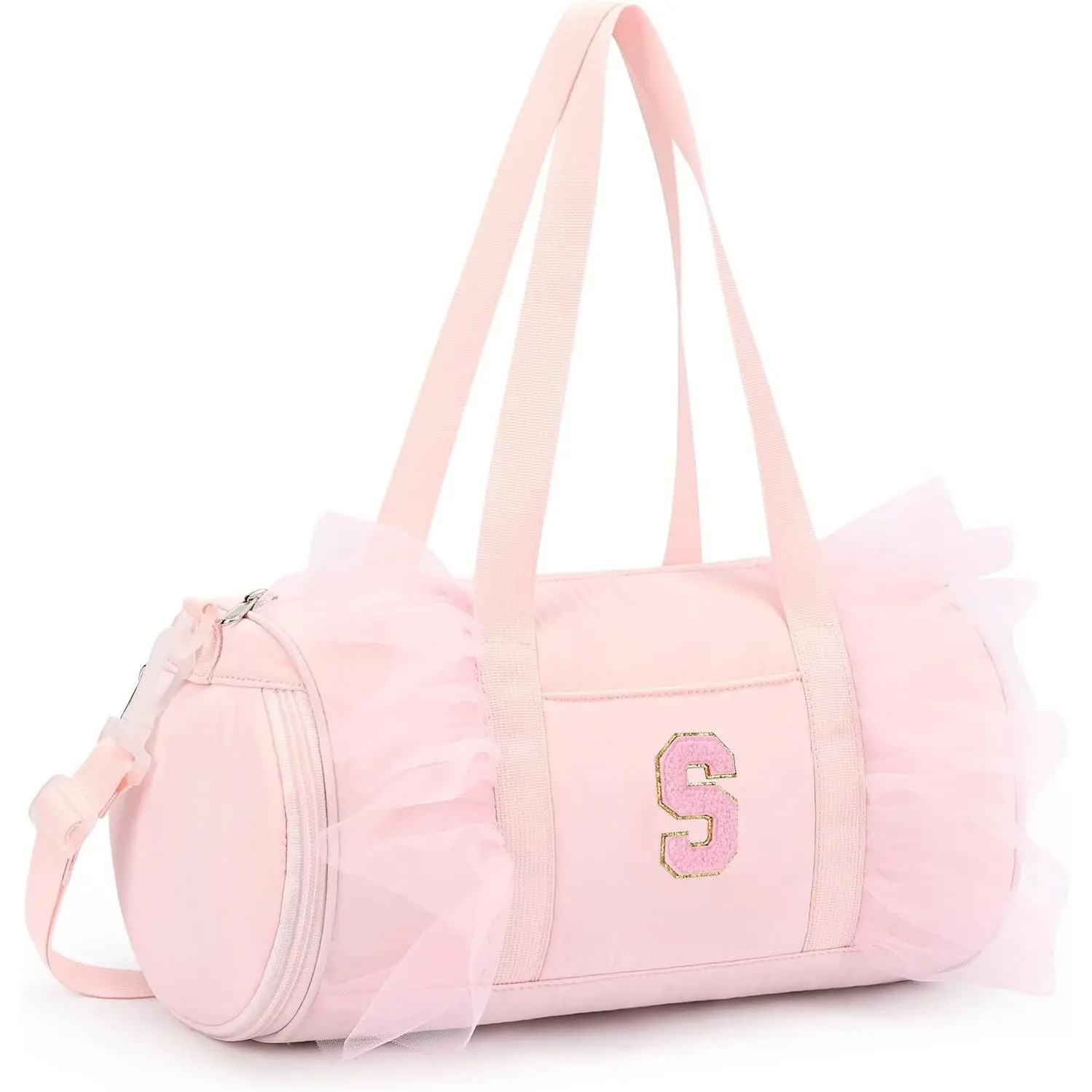 Personalized Ballet Dance Duffel Bag for Girls Ages 3-8, Pink Initial Letter S Gift, Water Resistant Shoe Compartment for Ballet Cheer GymnasticsGift