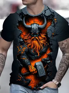 Men's 3D Digital Print Viking Pattern T-Shirt, Short Sleeve Top, Norse Mythology Design, Comfortable and Durable, Summer Casual Wear