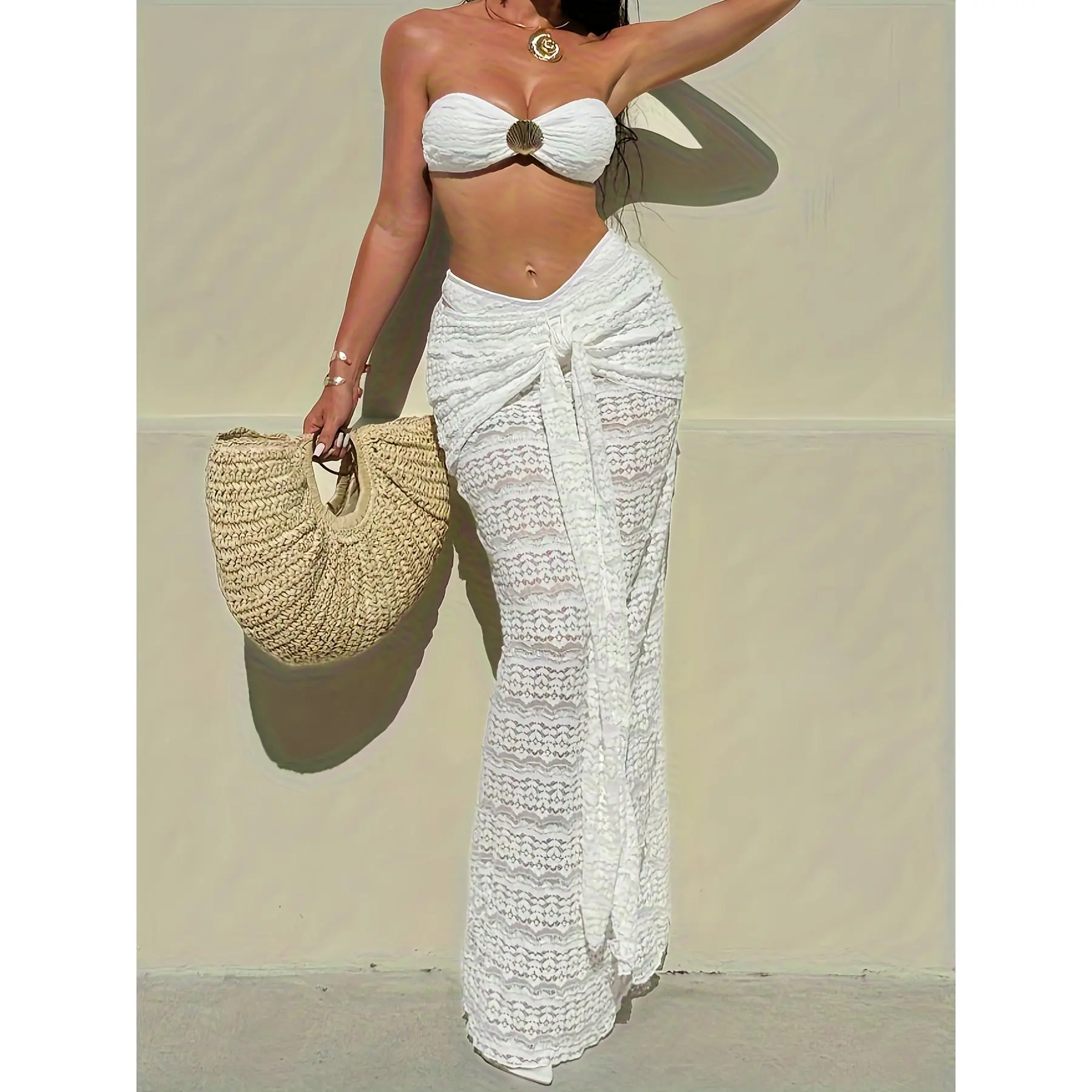 Women's Sexy 3-Piece Bandeau Bikini Set in Solid Color with Rhinestone Detail, High Stretch Polyamide Blend Beachwear, Beachwear For Women, Body-Hugging, Female Swim, Machine Wash