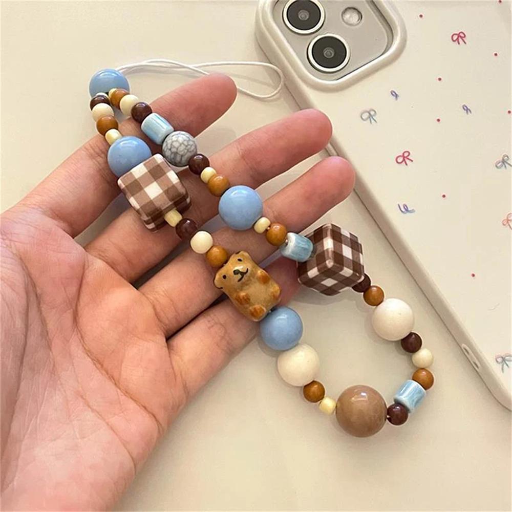 Y2K Handmade Vintage Cell Phone Lanyard Cute Phone Charm Wrist Strap Keychain Brown Bear Bead Pendant For Girl Decor Rope Gift