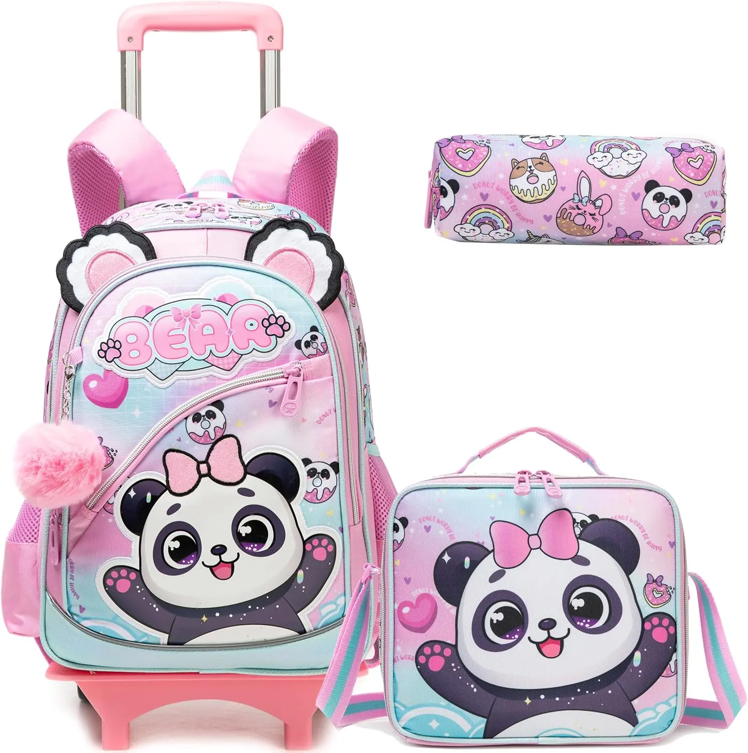 Chic Panda Print Rolling Backpack for Girls, 3-Piece Waterproof Nylon School Set with Detachable Trolley Bag, Lunch Box & Pencil Case, Rolling Wheels