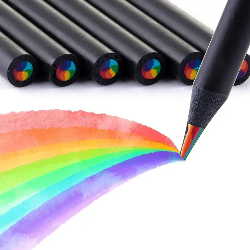 Art Supplies for Kids and Adults, 7 Color in 1 Black Wooden Rainbow Colored Pencils, Pre-sharpened, Multicolored Core, with Sharpener, for Coloring Books, Drawing, Sketching