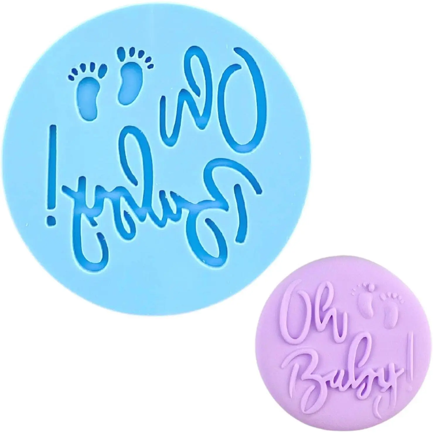 Baby Shower Fondant Embosser "Oh Baby with Footprint" Shape 3D Design Cookie Stamp for Baking Cookies,Decorating Cake/Sugar Paste/Cupcake
