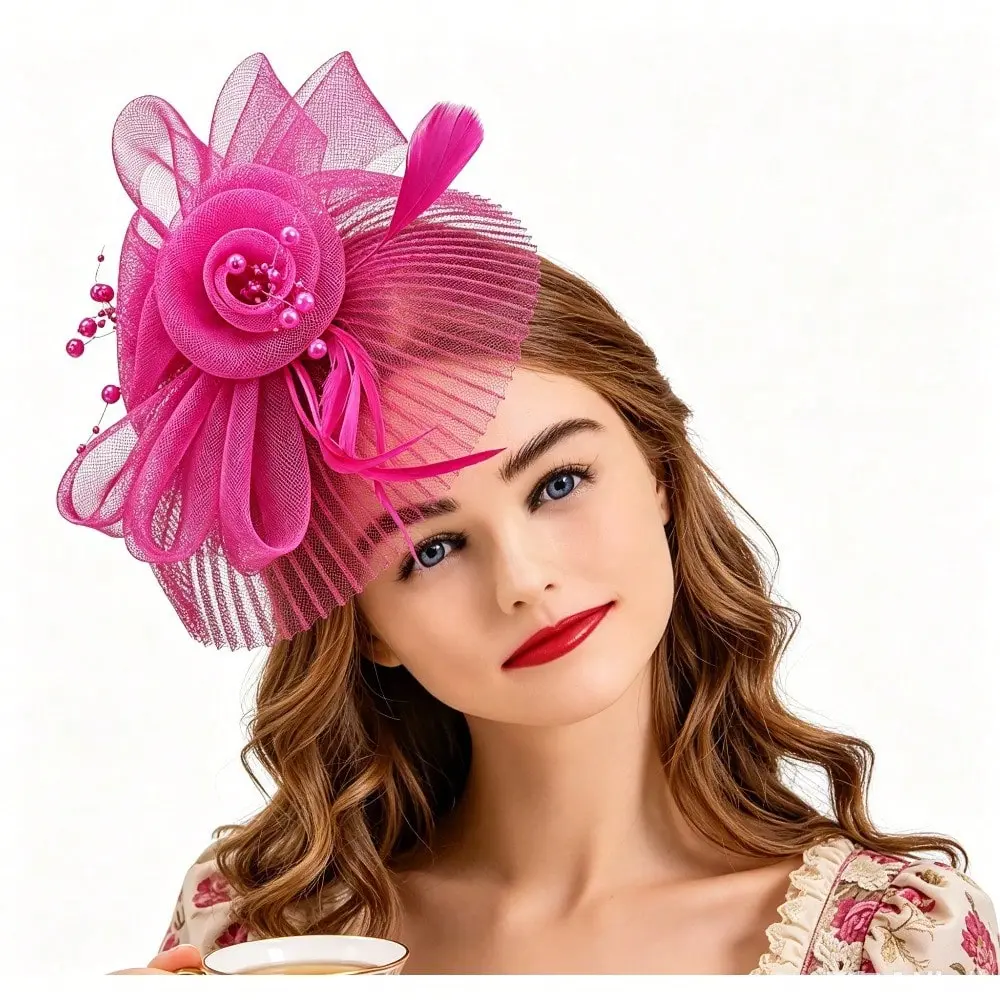 Women's Faux Leather Fascinator Hats - Tea Party Hats with Feather, Mesh, Cocktail Flower Hair Clip for Wedding, Kentucky Derby Events