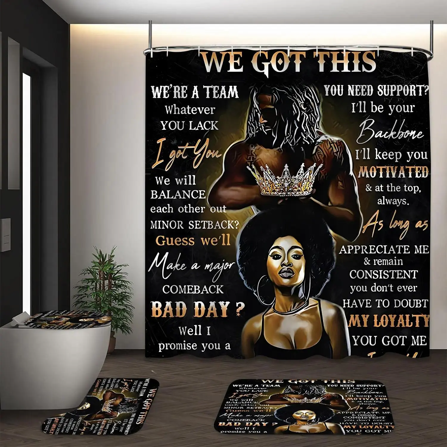 Flannel-Polyester Modern Bathroom Shower Curtain Set (70.8×70.8 in) - 4-Pieces Printed Black King-Queen Couple Crowns, Motivational Quote Print, Vintage Golden Dark Art Style, Black-Gold Tone for Shower Bathing, Four-Pieces