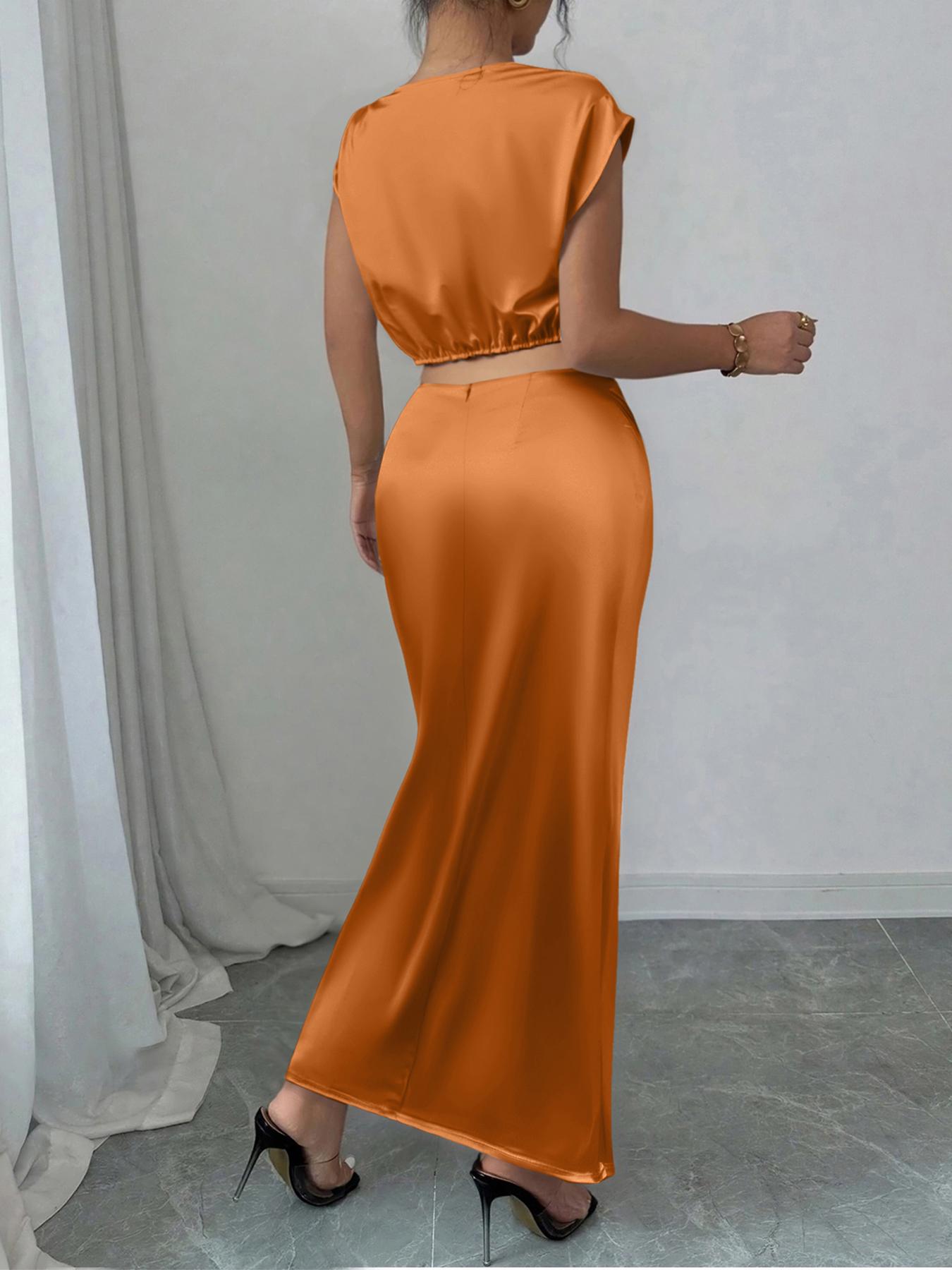 Women's Solid Asymmetrical Neck Top & Mermaid Skirt Satin Two-piece Set, Chic Elegant Fashion Casual Top & Skirt for Daily Outdoor Wear, Women's Clothing for All Seasons, Womenswear