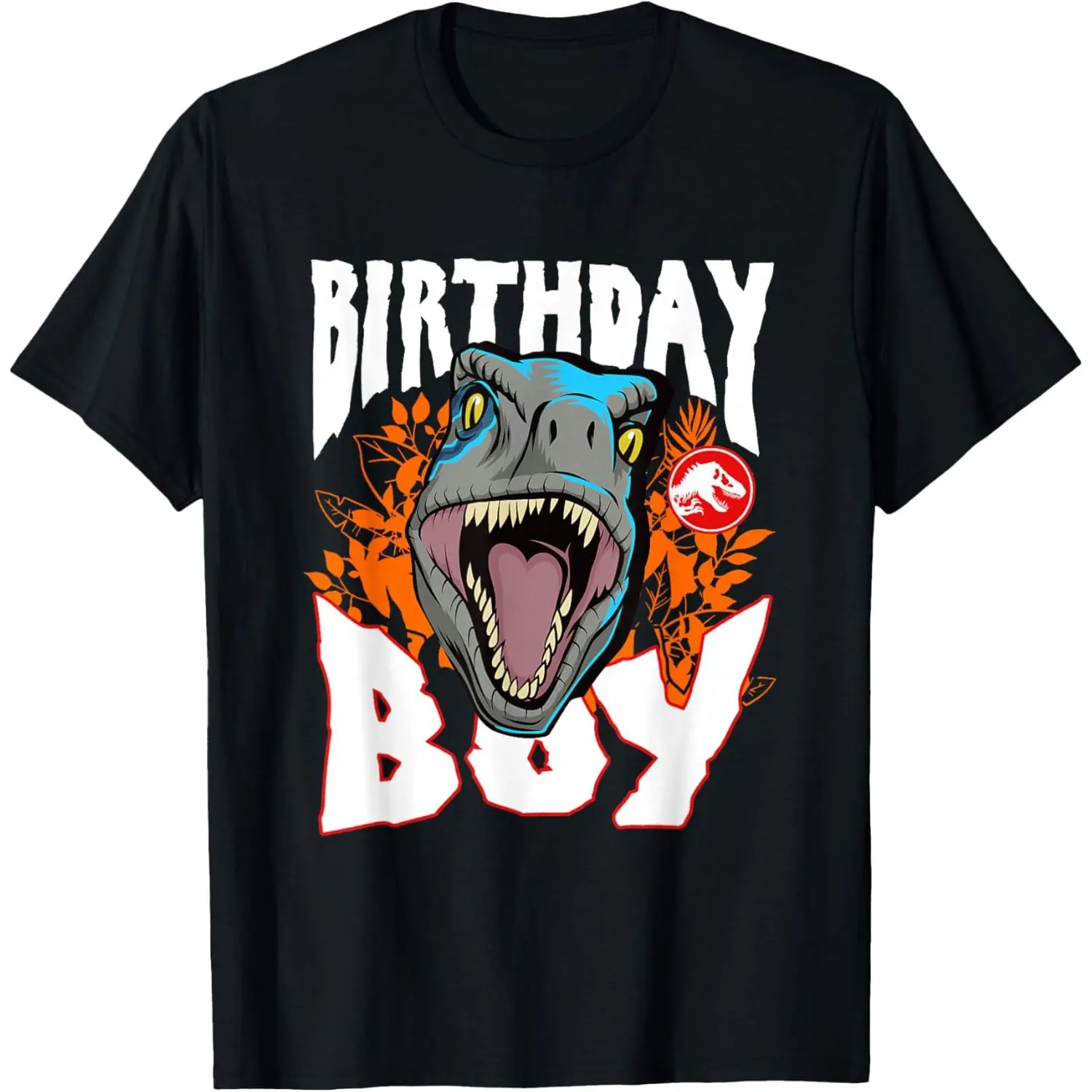 Jurassic World Birthday Boy Bold Distressed White Red Outline Text Cartoon Roaring Blue Gray T-Rex Dinosaur Orange Tropical Jungle Leaves Red Circle Logo Birthday Party Movie Graphic T-Shirt Men Crew Neck Short Sleeve Black Tee Dino Fan Birthday Comic Con