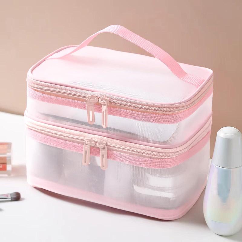 Double Layer Mesh Makeup Bag, Large Capacity Mesh Cosmetic Bag, Portable Travel Storage Makeup Pouch Toiletry Bag, Travel Cosmetic Bags, Summer Makeup, Gift for Women