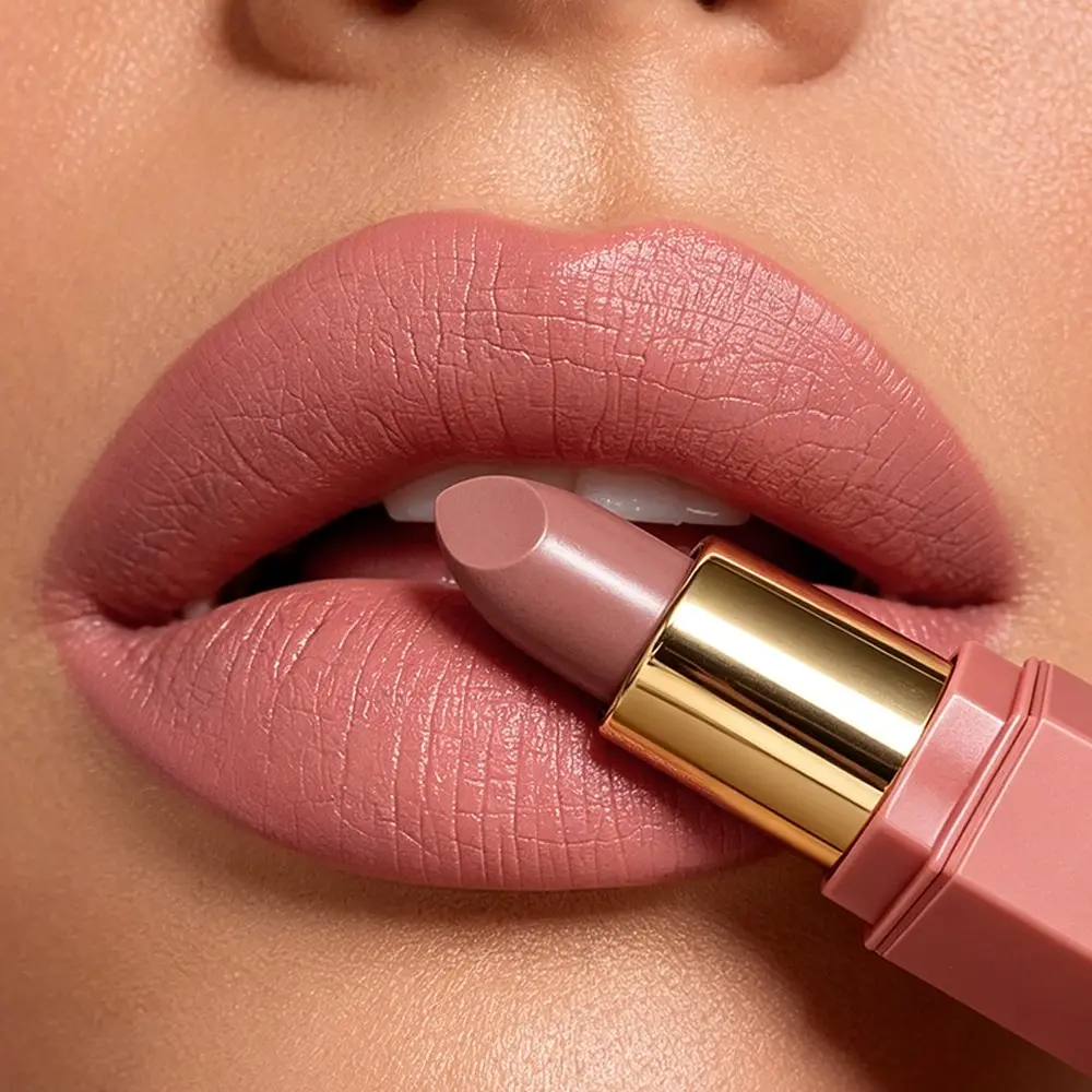 Velvet Matte Nude Lipstick, Ultra Smooth Non-drying Creamy Matte Lipstick, Muted Neutral Nude Shade Build Natural Soft Daily Lip Look, Rich Pigment Even Coverage One Swipe, Anti-transfer Long Lasting Wear, Pink Hexagonal Tube With Gold Trim, Makeup