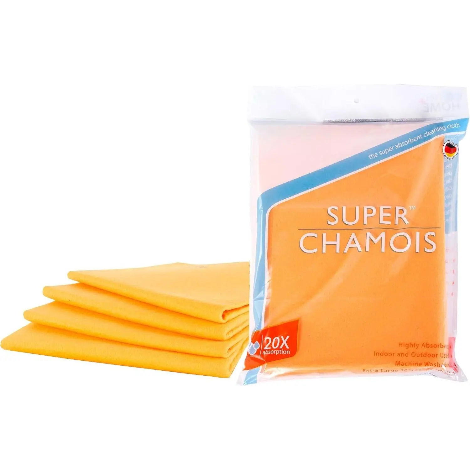Super Chamois -  20" X 27" Super Absorbent Cleaning Cloth - 4 Pack - Holds 10x It's Weight in Liquid (4, Orange)
