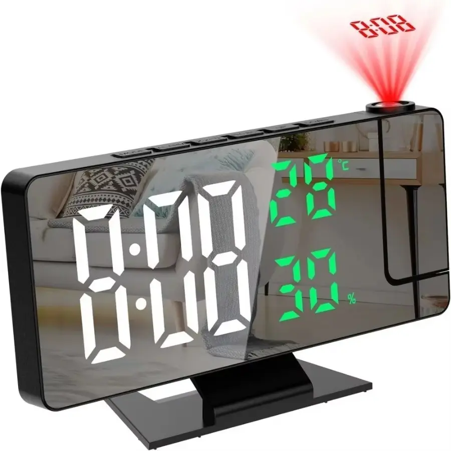 180° Rotating Projection Digital Alarm Clock, Humidity Sensor, Night Mode, Snooze Function, 12/24h, USB Powered, Desktop LED Clock