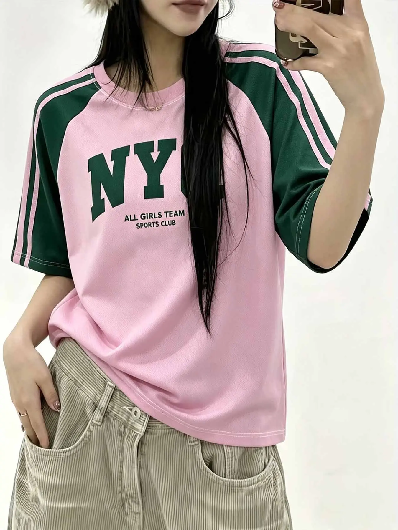 Sweet Cool Colorblock Raglan Sleeve T-Shirt, Vintage Nyc Letter Print, Loose Fit, Breathable Mesh Fabric, All Seasons