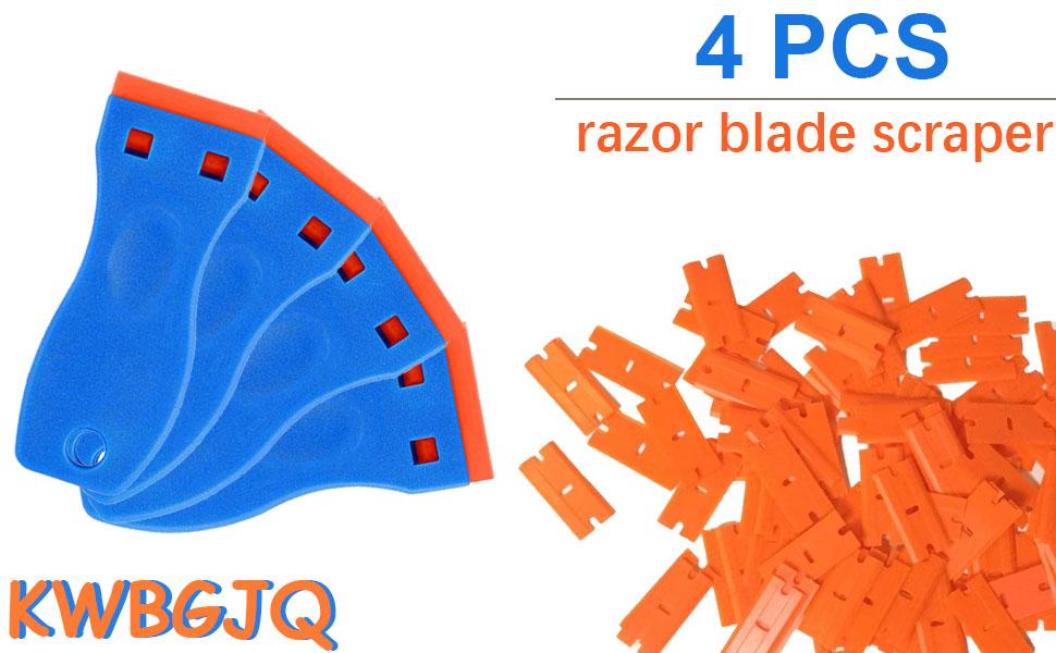 4 Pcs Plastic Razor Blade Scraper and 100 Pcs Blades, Remove Label Decal Tool， Forwithout Scratches Plastic Razor Blade Scraper, Adhesive Remover for Stickers, Gaskets and Paints on Window Car Glass