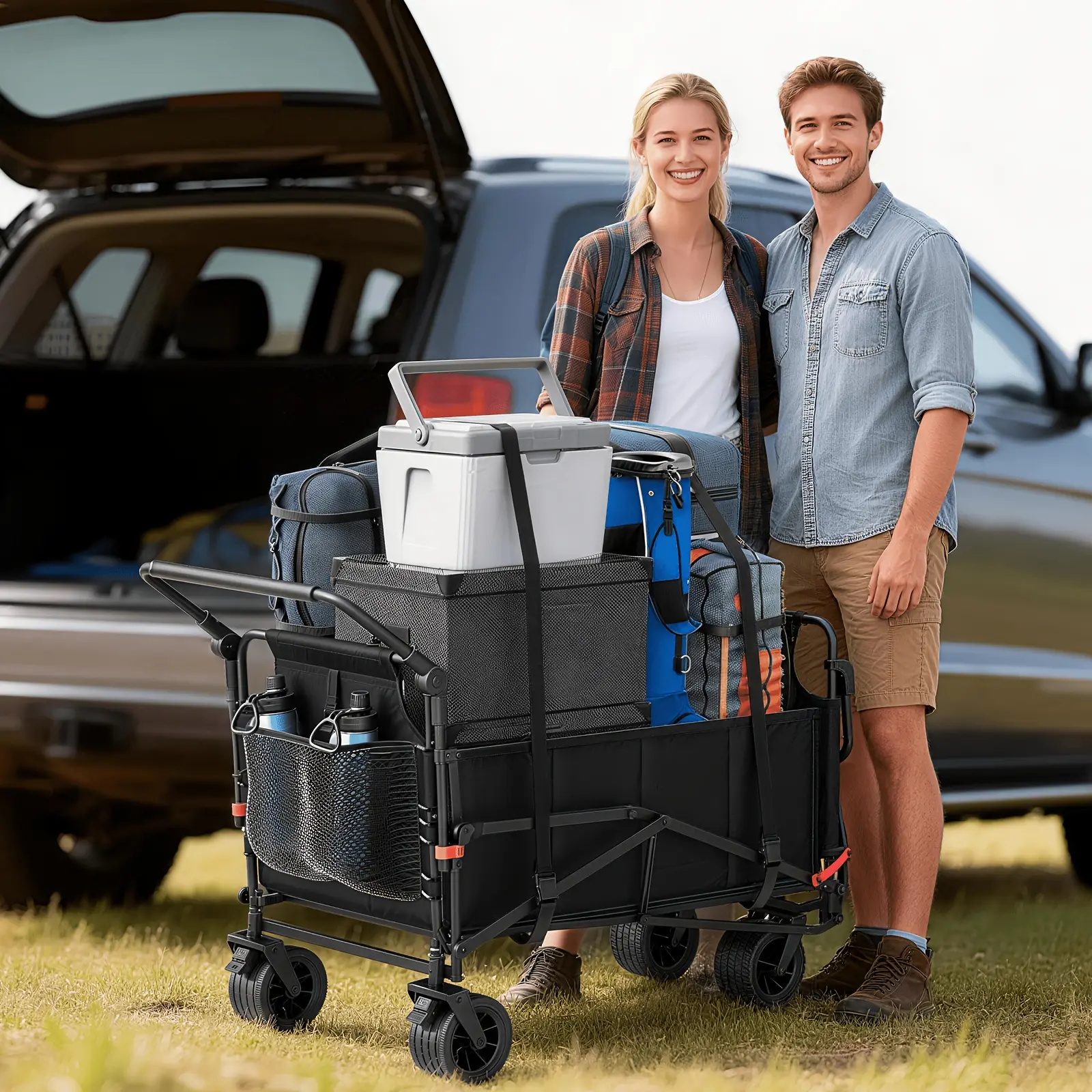 Heavy Duty Folding Wagon-2-in-1 Collapsible Cart 400lb, 650lb Capacity All-Terrain Wheels W/Brakes And ASide Pockets