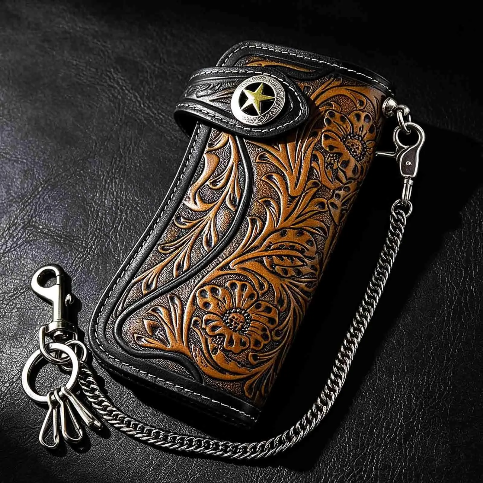 Men Tan Carved Long Leather Wallet With Biker Trucker Chain Card Holder