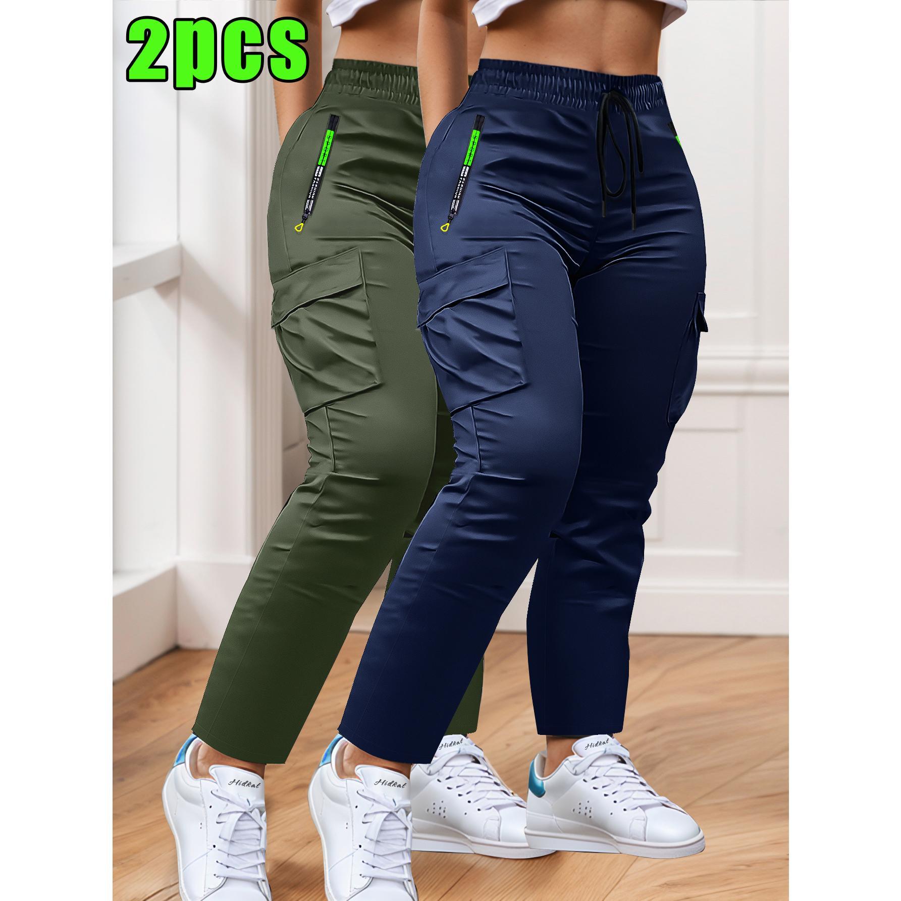 2-Pcs Women's Work Pants - Non-Stretch Full-Length Trousers, Adjustable Drawstring Waist for Gym/Outdoor/Daily Wear