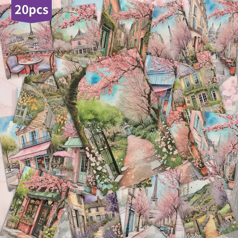 20pcs Spring Cherry Blossom Parisian Postcards Vintage Art Illustration Romantic Aesthetic Collectible Decorative Cards Scrapbooking Junk Journal Crafting Collage DIY Supplies Ephemera Greeting Cards