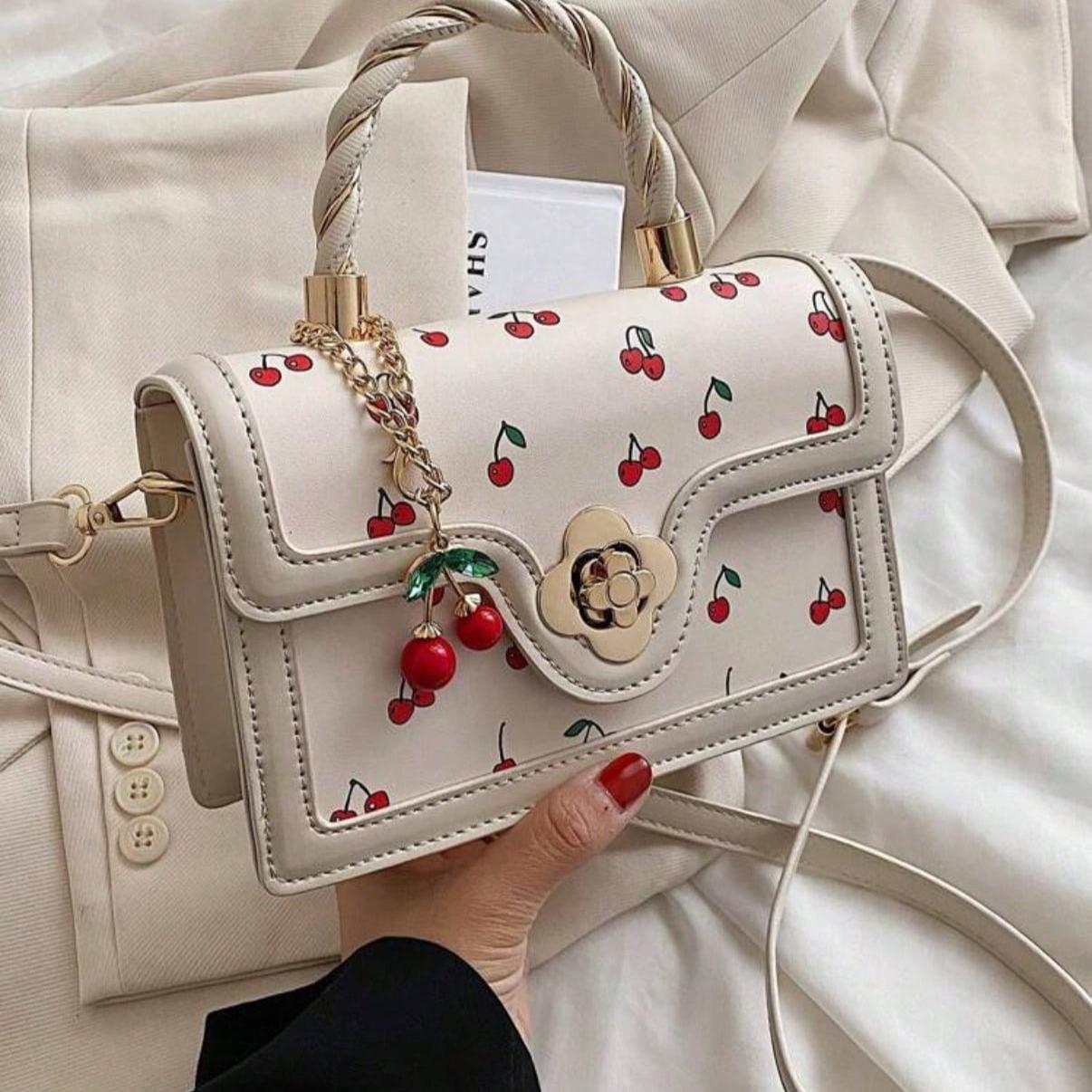 Fashionable High-End Pu Handbag Crossbodybag for Woman, Tote Bag With Versatile Square Shape Cute Cherry Print Shoulderbag, Perfect For Shopping, Dating Or CrossBody For Girls Send Scarf.