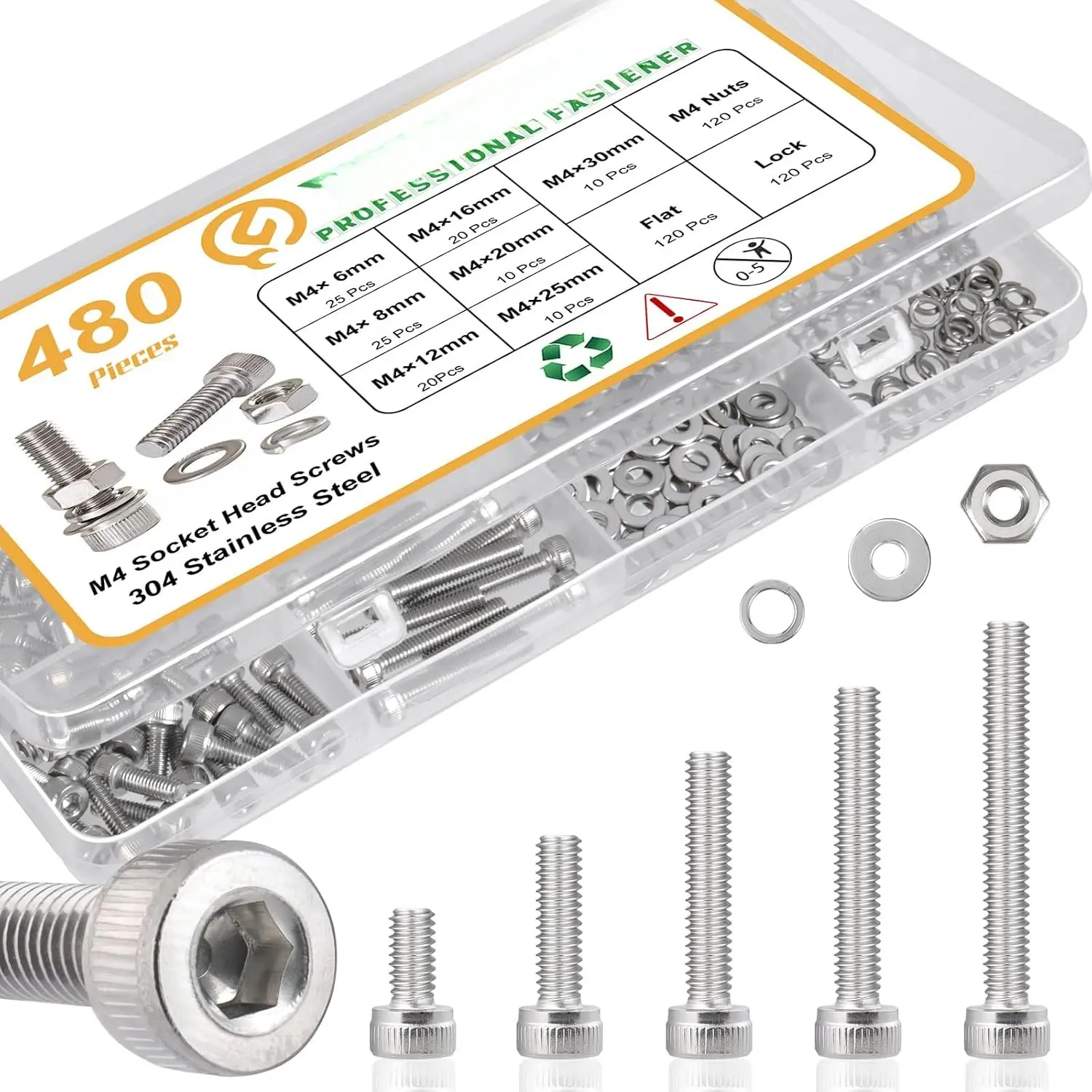 480 count M4 Screws , M4 Screws (7 Sizes 6-30mm) for  Printer DIY, Hex Socket  Cap Screw  Nuts Washer Kit, 304 Stainless Steel, 6/8/12/16/20/25/30mm