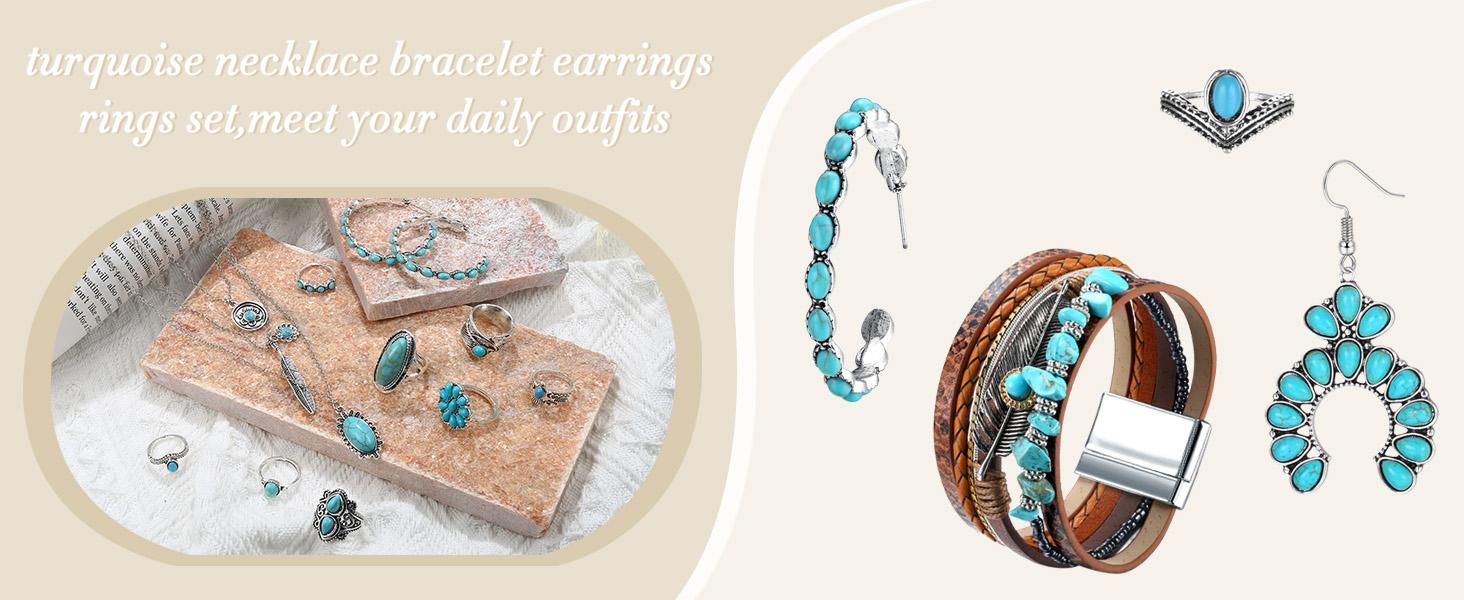 MILACOLATO Western Jewelry For Women Bohemian Turquoise Jewelry Set Turquoise Pendant Choker Necklace Turquoise Faux Leather Cuff Bracelet Turquoise Hoop Dangle Earrings Turquoise Joint Knuckle MILACOLATO Western Jewelry For Women Bohemian Turquoise Jewelry Set Turquoise Pendant Choker Necklace Turquoise Faux Leather Cuff Bracelet Turquoise Hoop Dangle Earrings Turquoise Joint Knuckle