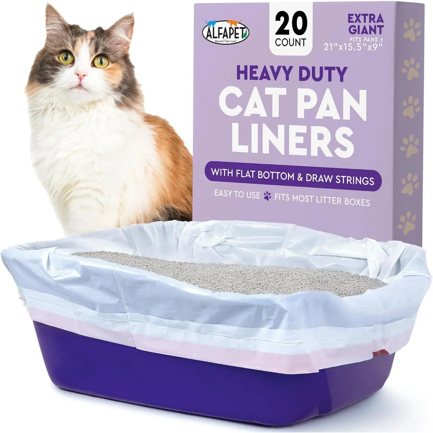 Cat Litter Box Liners Alfapet Heavy Duty Flat Bottom Extra Giant 20 Count - Tear-Resistant Litter Liner Bags Kitty Litter Liners for Rectangular Litterbox Pans, 36" x 18" x 2MIL Thick 30 lb Capacity