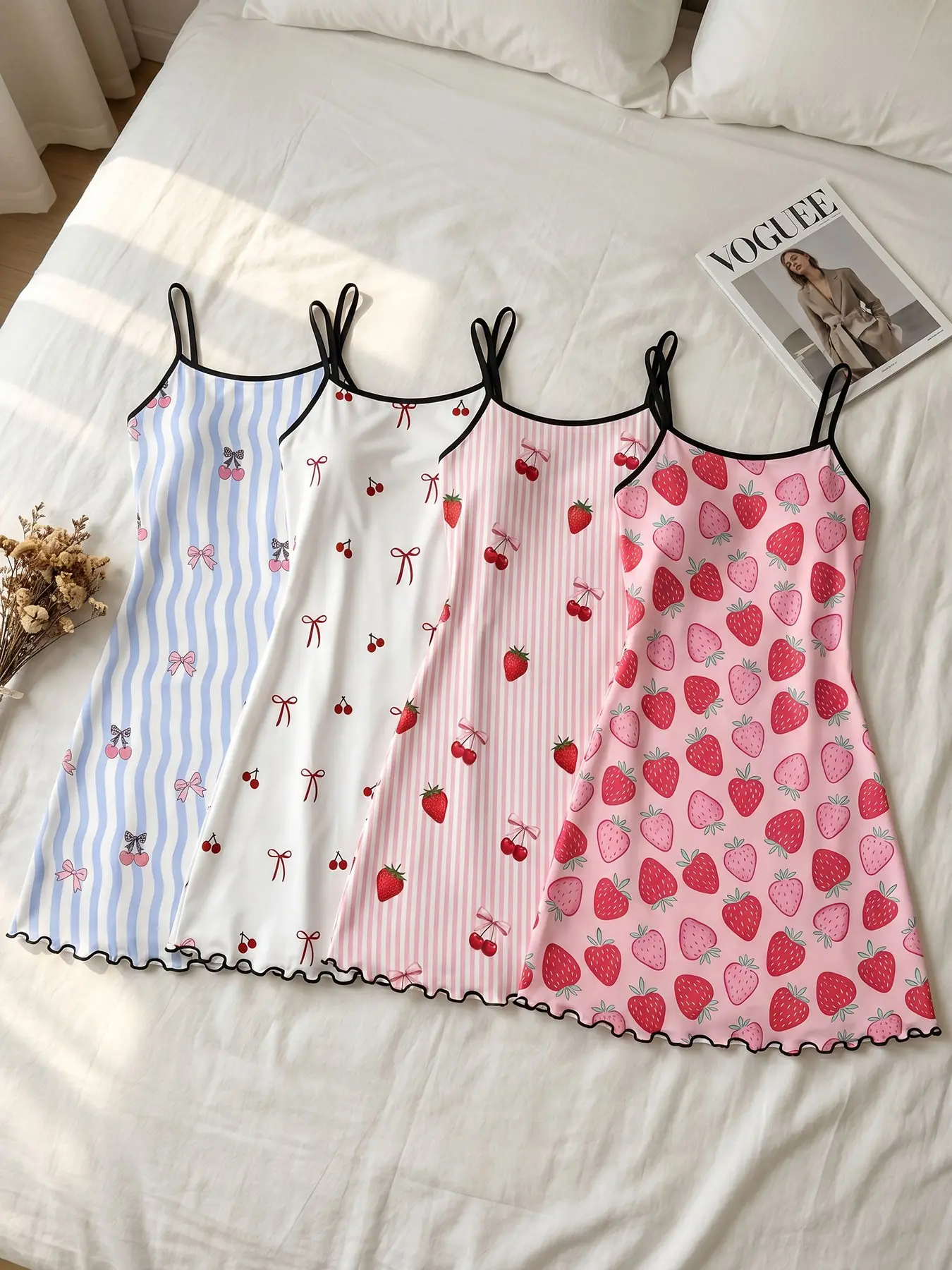 Women's 4 Pack Slip Nightgowns, Spring Summer Wear, Dopamine Sweet Fruit Strawberry Cherry Print, Bright Vibrant Style, Cheerful Casual Sleep Dress