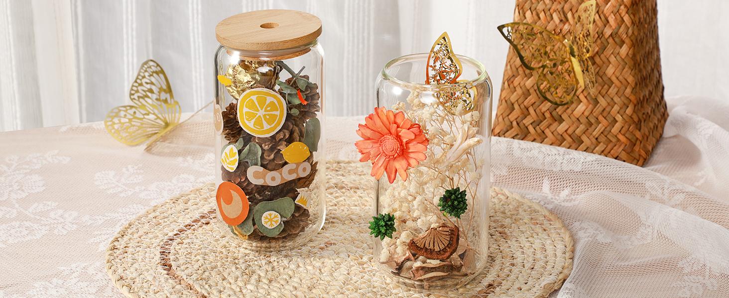 Glasses with Glass Straw 4pcs Set - 16oz Highball Glass Cups, Beer Glasses, Iced Coffee Glasses, Cute Tumbler Cup, Ideal for Whiskey, Soda, Tea, Water, Gift, 1 Brushes