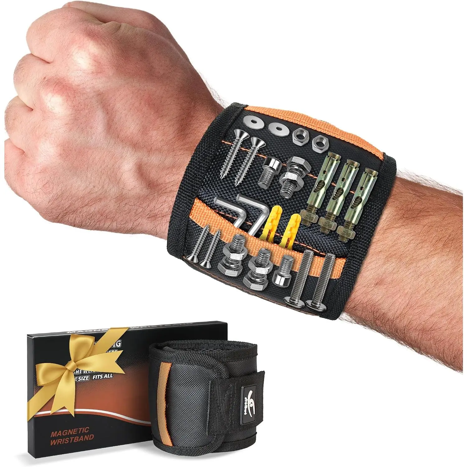 Wristband for Tools – Ultra- 15 Neodymium  Hold Screws, Nails & Bits,  Pockets – Hands‑Free for DIY,  Repairs, Auto – ‑ for Dad, Husband, Grandpa (Black)