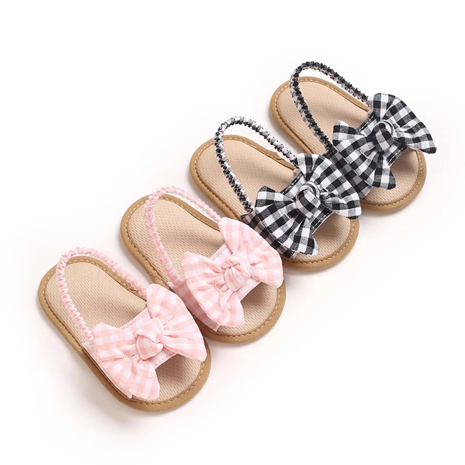 [Mini Cloud] Baby Girl Summer Plaid Sandals Anti-slip Sole Open-Toe Bow Dress Shoes for Outdoor, School, Party