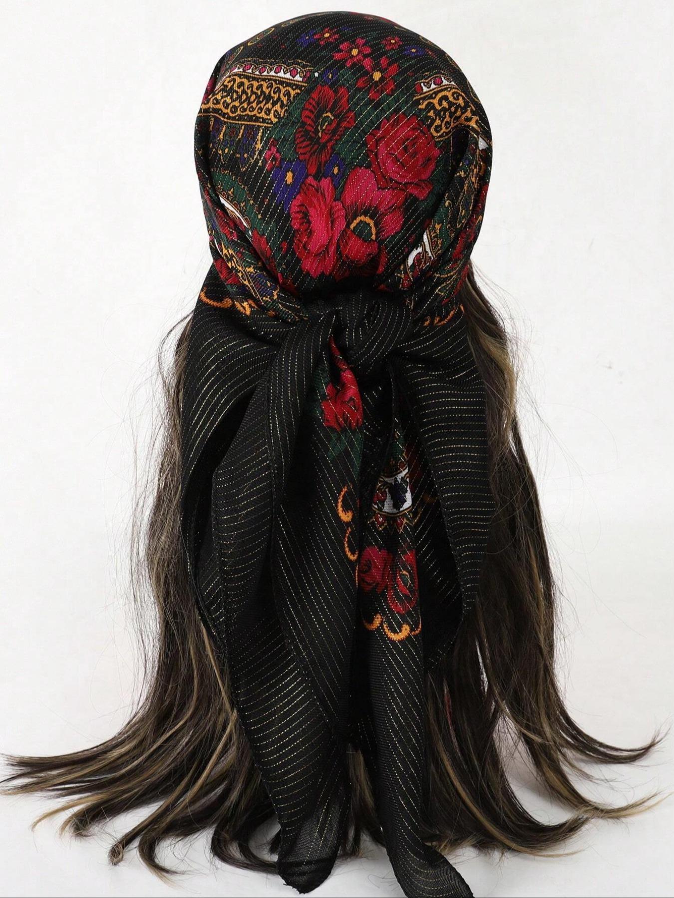 1pc Women's Elegant Multicolor Fashionable Gold Thread Printed Multifunctional Scarf For Gift Giving, Bandana Bandana,Hair Band,Head Band Ideal For Dressing Up Your Look, Boho Style Shawl, Turban Hijab, Tignon Scarf