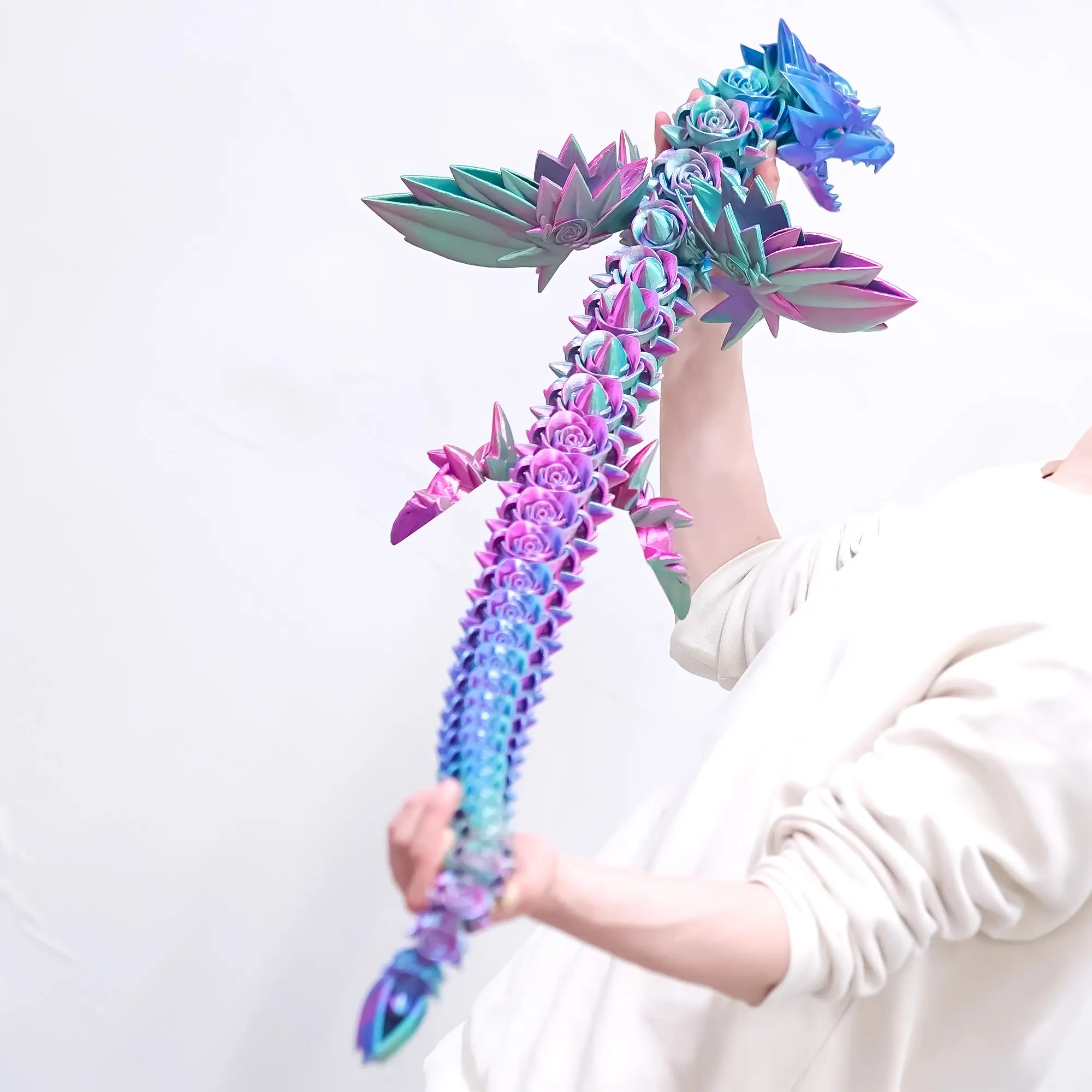 47.4-inch 3D-printed rose winged dragon model toy, flexible joint animal figurine; home and office desktop decor; holiday surprise gifts and decorative ornaments.