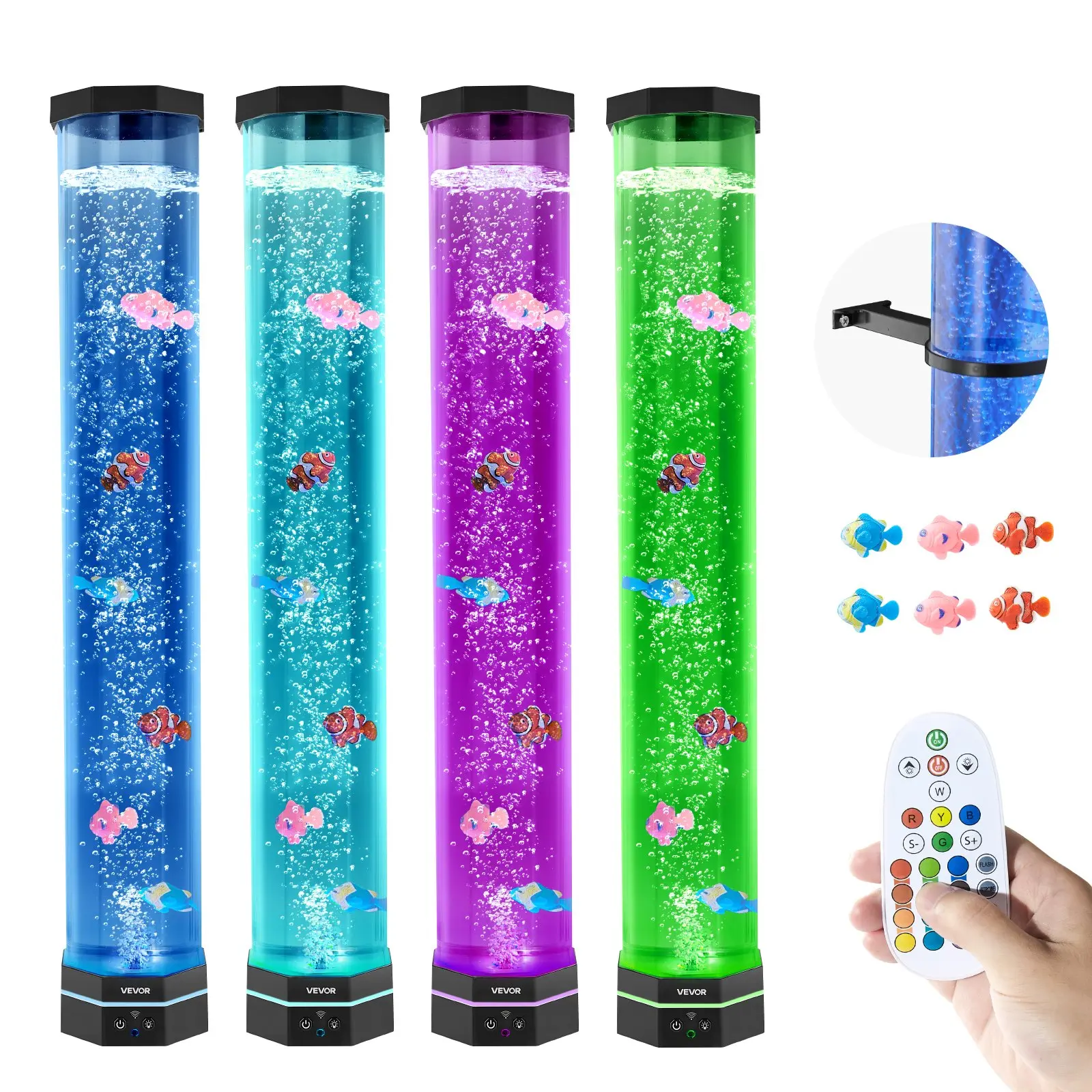 VEVOR Cylindrical Sensory Bubble Tube Lamp - 2.67 ft Single Unit with 6 Floating Fish, 16 Color Changing Effects, Remote Control, Stable Base, Stress Relief Calming Light for Bedroom, Home Decor