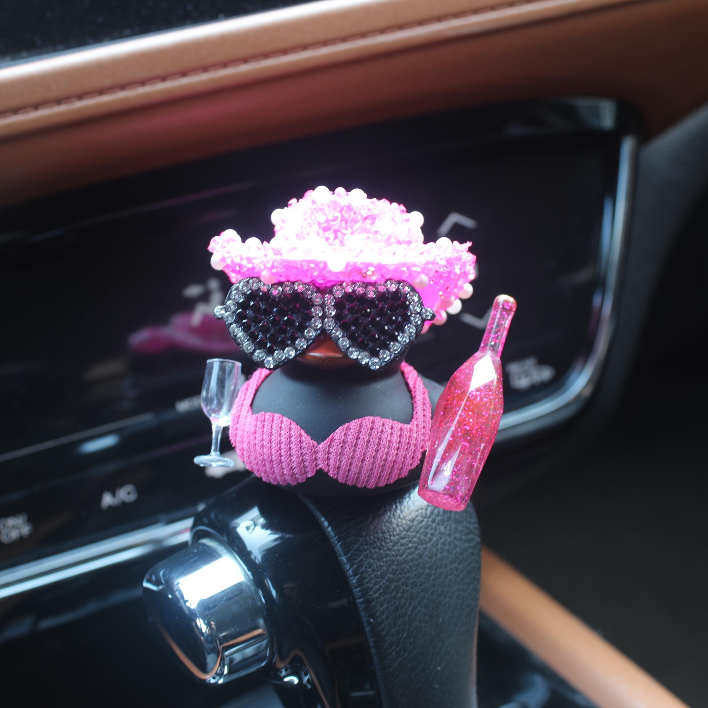 Cute Duck Car Dashboard Ornament Set, Black Duck with Pink Glitter Hat and Champagne Bottle Decor, Funny Car Interior Accessory for Dashboard, Motorcycle, Bicycle, Party Gift