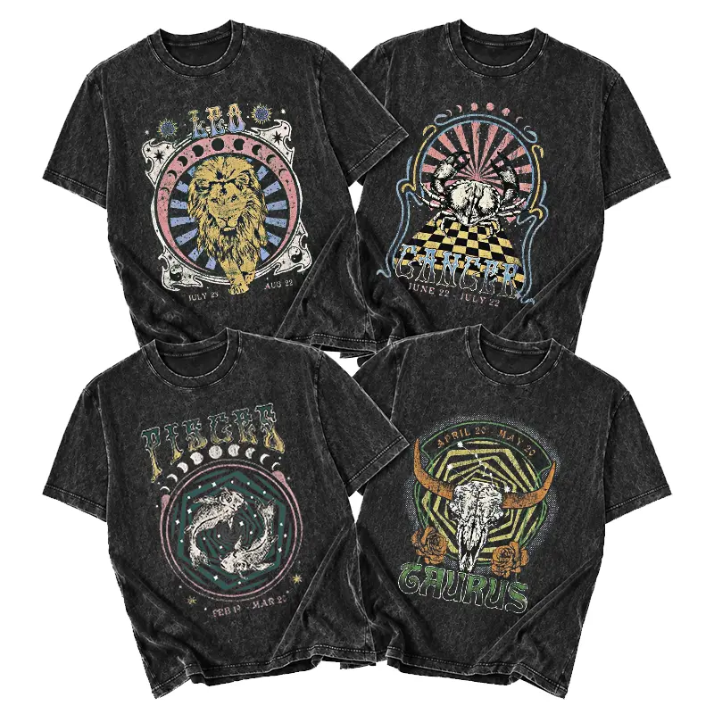 Women's Pure Cotton Oversized Retro Grunge Casual Shortsleeve Tee - Vintage Washed, Basic Cute Zodiac 12 Constellation Graphic (Cancer, Virgo), Round Neck, Breathable Weight Fabric, Summer Layering Clothes, Casual Tee Tops