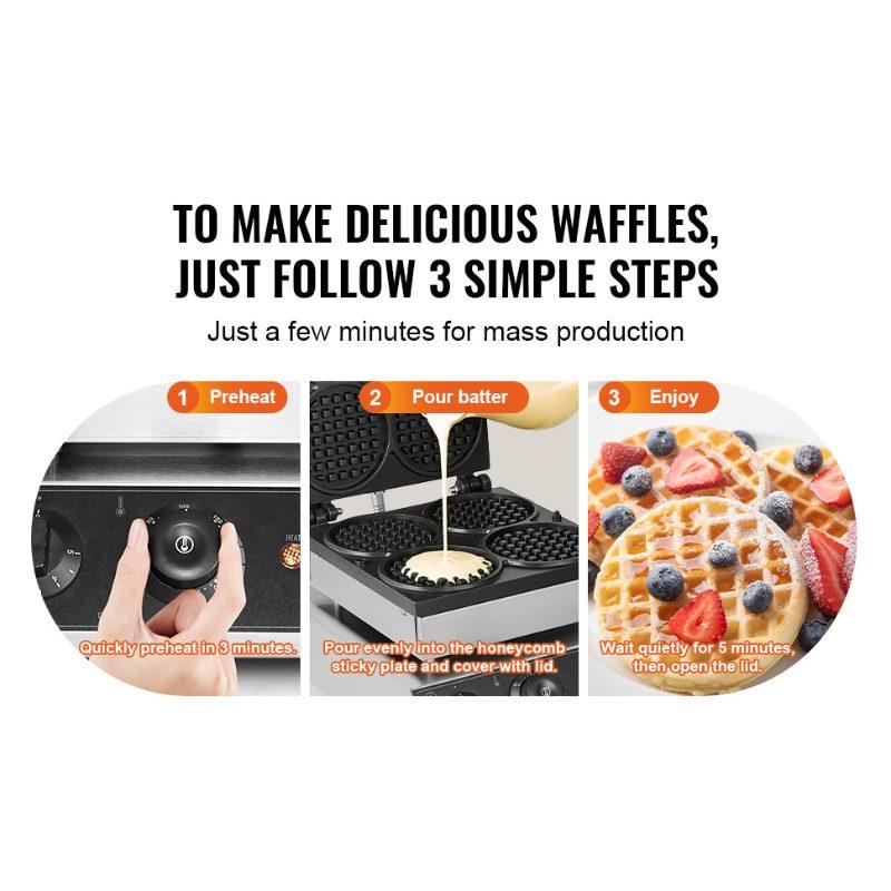 VEVOR Commercial Waffle Maker, 4PCS Round Waffle Baker Machine, 1750W Non-Stick Stainless Steel Belgian Waffle Iron with Temperature and Time Control, for Restaurant Bakery Snack Bar Family