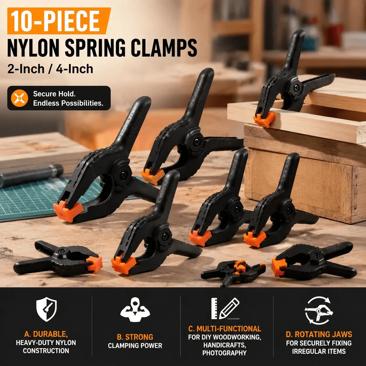 10-Pack Spring Clamp Set (2 Sizes) - Quick-Release, Swivel Jaws, Ergonomic Non-Slip Grip, Rustproof Plastic for Woodworking, Crafts & Sewing