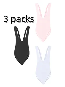 Men's Summer 3-Piece Wide Shoulder U-Neck Romper, Seamless Fitted Plain Color Briefs, Sexy Style for All Seasons
