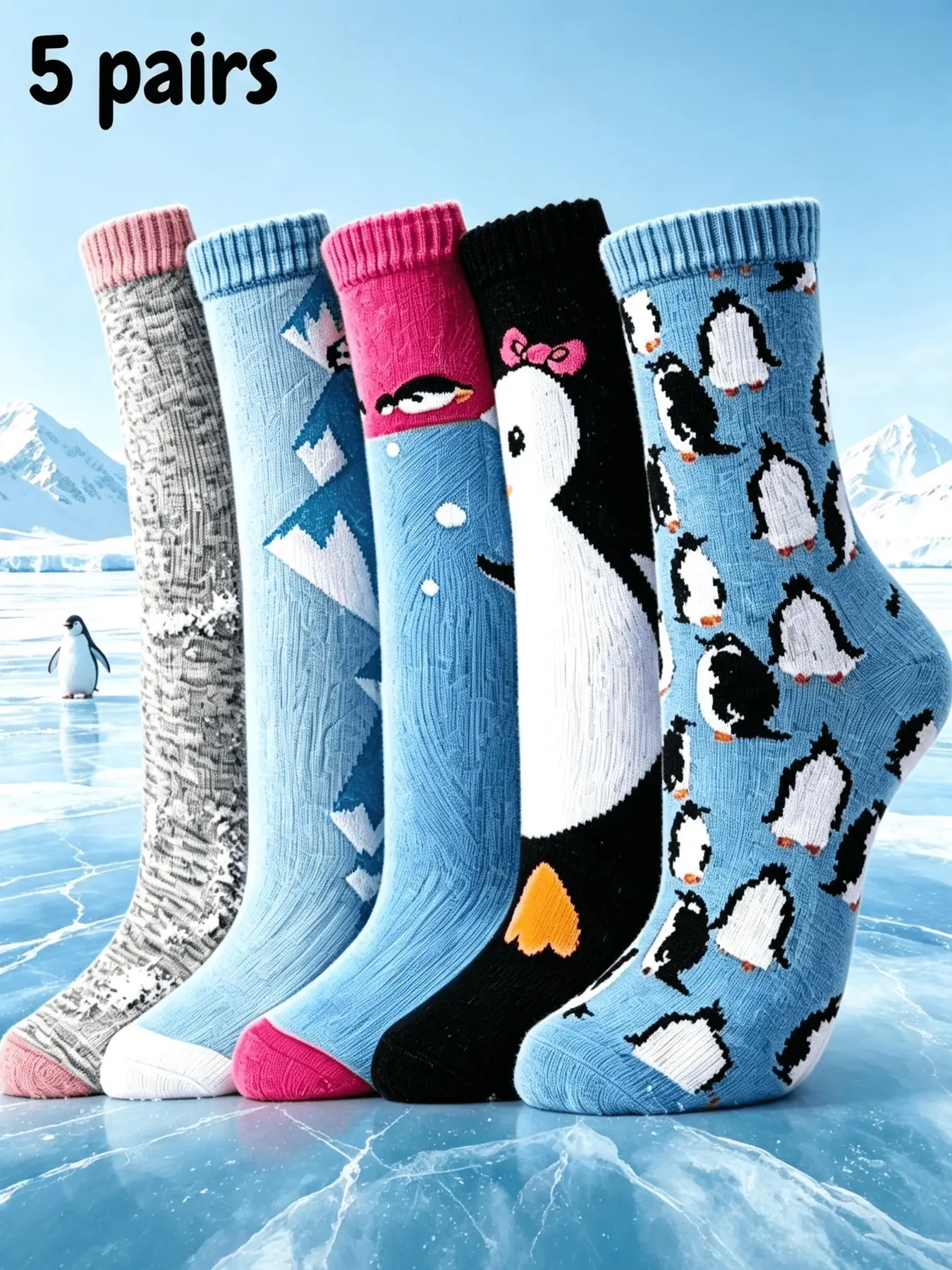 5 Pairs Penguin Pattern Unisex Ankle Socks, Women's Mid-Calf Socks, Elastic Non-Slip Ribbed Ankles, Comfortable Warm Socks for Winter