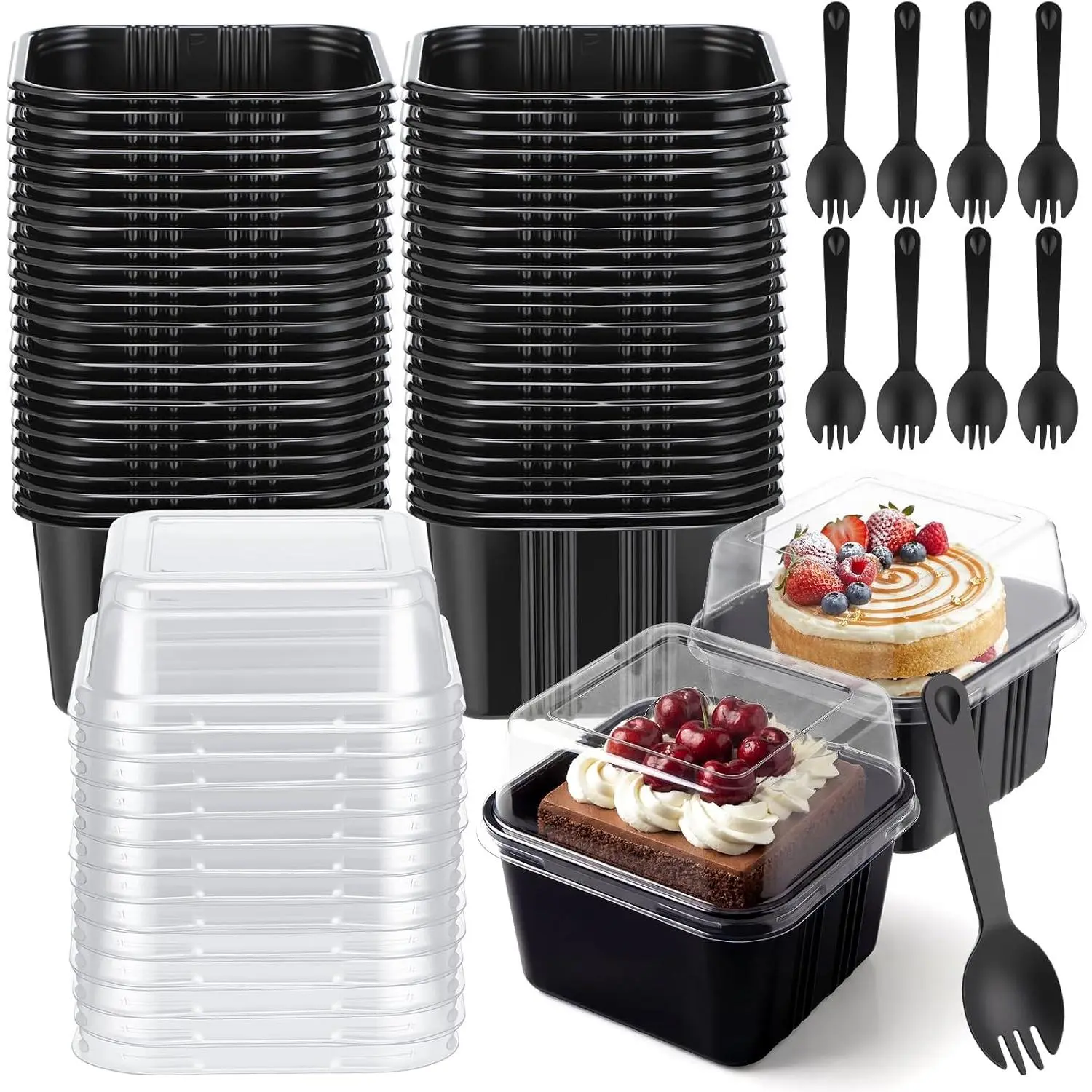 25 Pack 8oz Plastic Dessert Cups with  and Spoons, Black | Square Parfait Containers for Yogurt, Pudding, Tiramisu, Disposable Portion Cups, Party Serving Bowls, Stackable