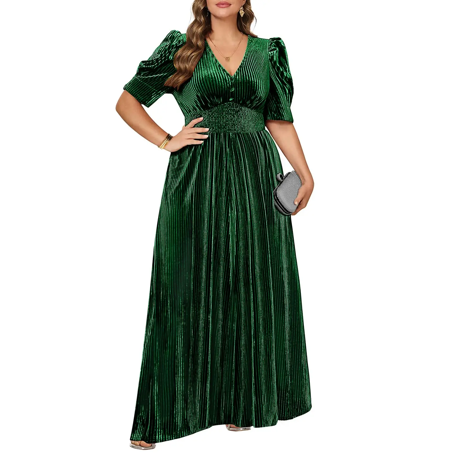 Pinup Fashion Velvet Wedding Guest Dress - Fall Formal Holiday V Neck Empire Waist Long Dresses